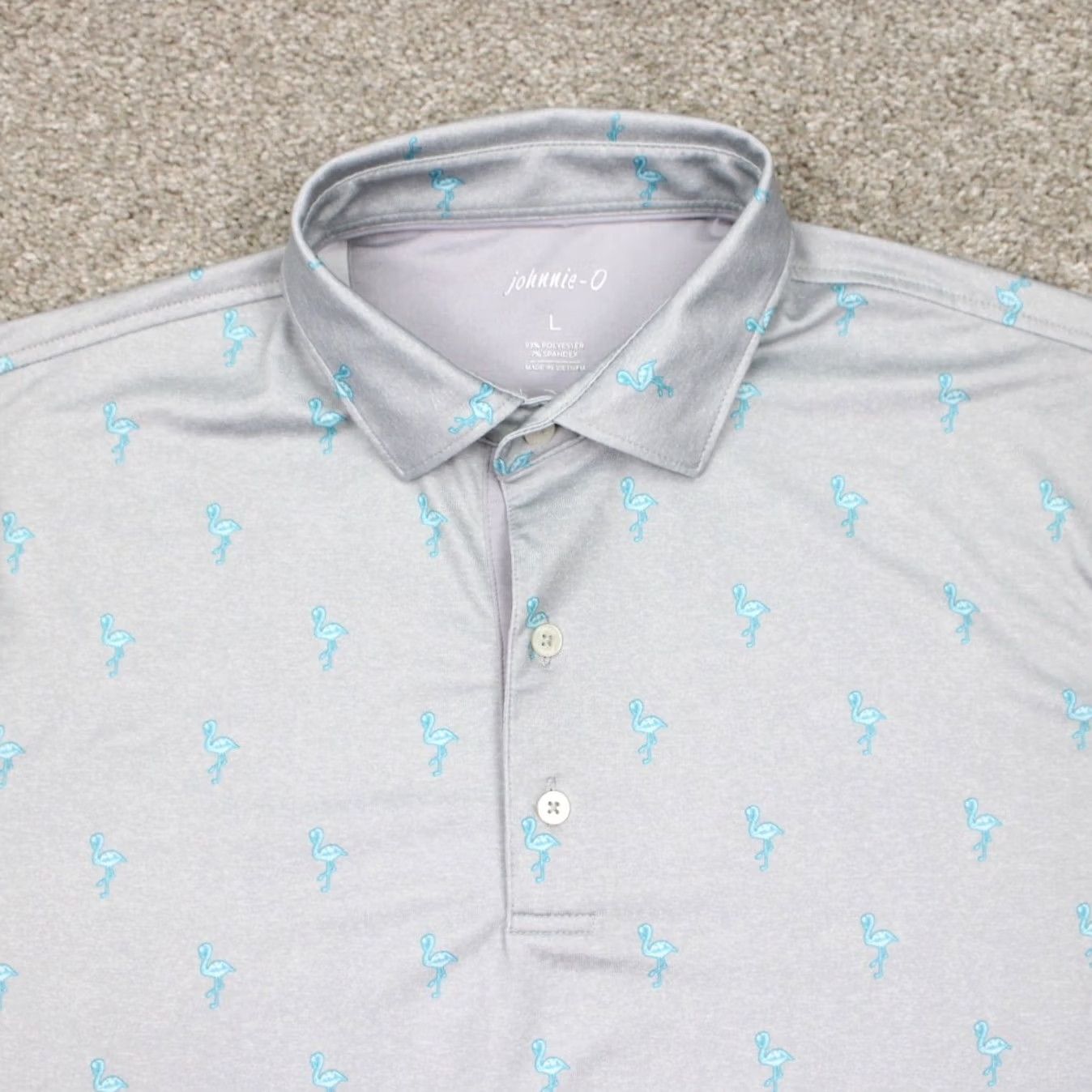 johnnie-O Johnnie-O Polo AOP Shirt Mens Large Gray w/ Blue Flamingos All Over Print S/S Size US L / EU 52-54 / 3 - 5 Thumbnail
