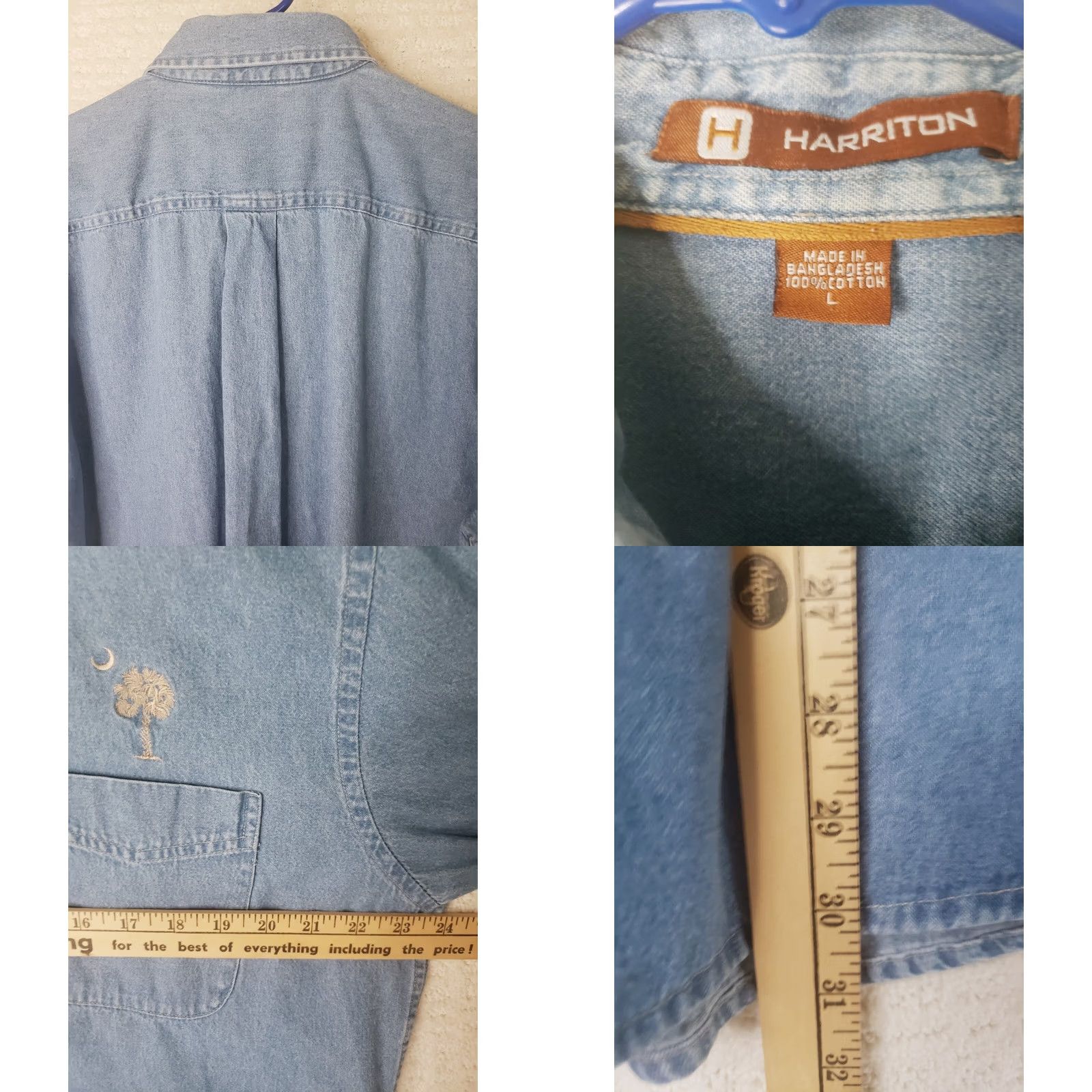 Denime Harrinton Denim Shirt Men's L Short Sleeve Button-Up SC Flag Embroidered Palmetto Crescent Moon Blue Denim Shirt Size US L / EU 52-54 / 3 - 8 Thumbnail