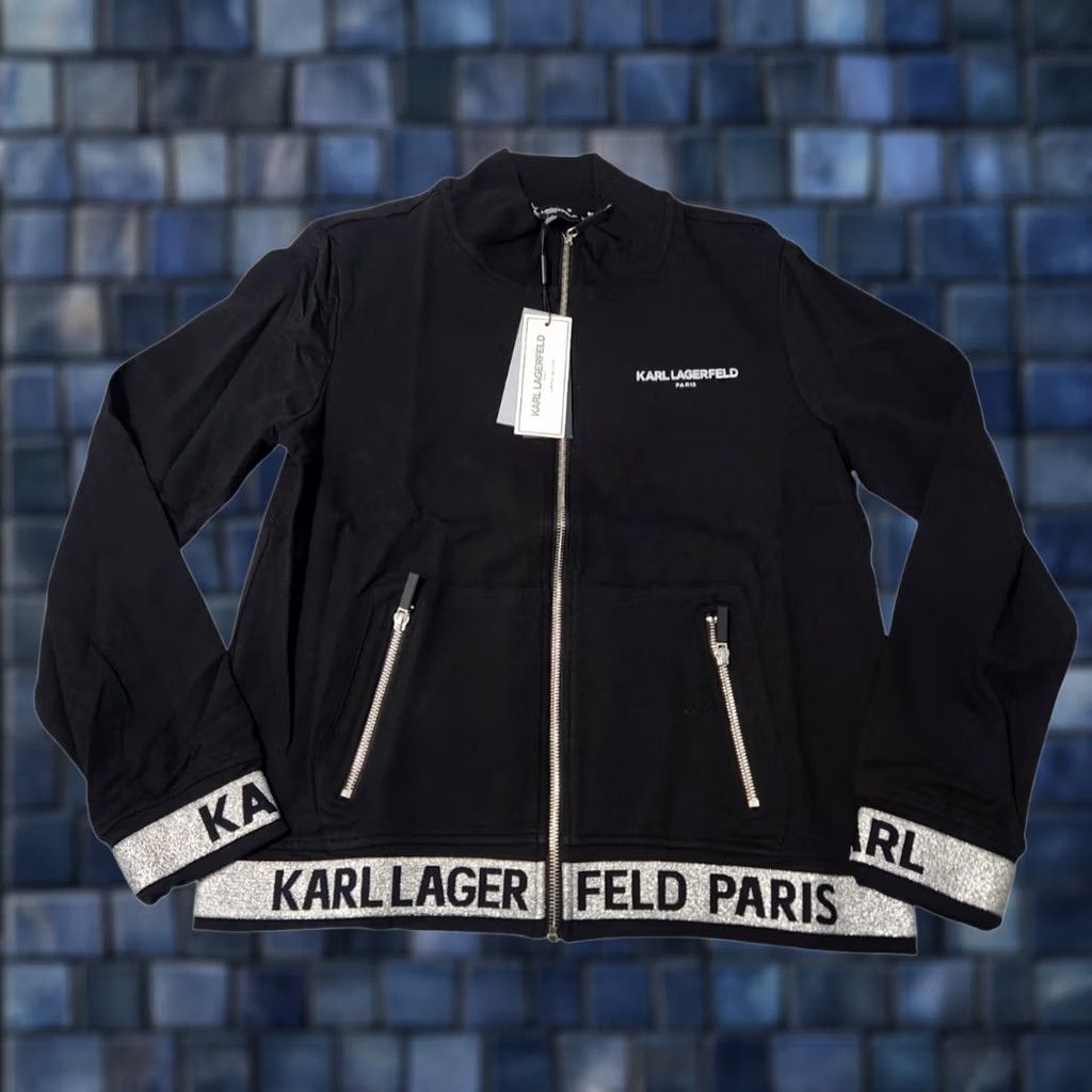 Karl Lagerfeld Karl Lagerfeld Paris Womens M Zip-Up Logo Tape Knit Jacket Black Metallic Silver Zip-up Jacket M Women Modern Logo Tape Knit Jacket Size M / US 6-8 / IT 42-44 - 1 Thumbnail