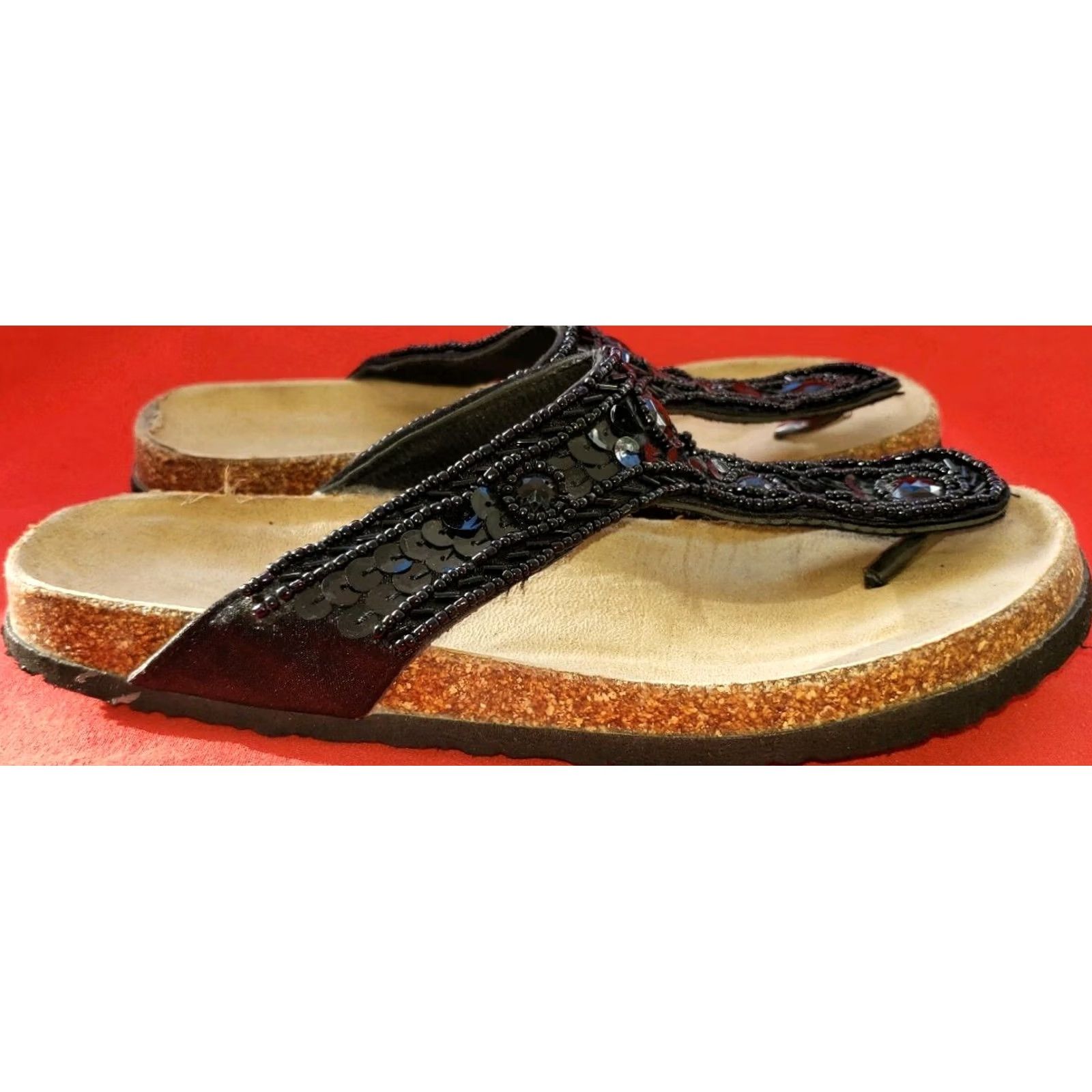 Vintage Women's Black Sandal Size 7-7.5M Toe Post With Sequins And Beads Size US 7.5 / IT 37.5 - 5 Thumbnail