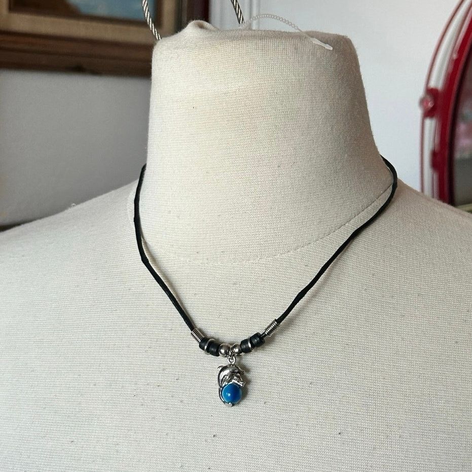 Other dolphin blue stone pendant rope necklace black gray silver Size ONE SIZE - 1 Thumbnail