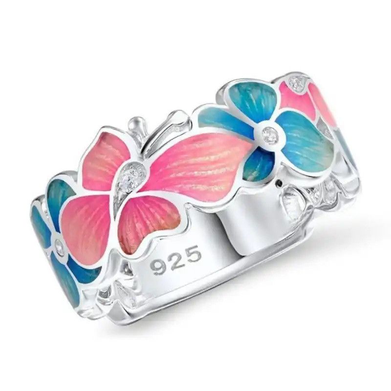 Jewelry × Sterling Silver × Vintage Exquisite Pink Blue Enamel Butterfly Vintage 925 Silver Ring Size ONE SIZE - 1 Thumbnail
