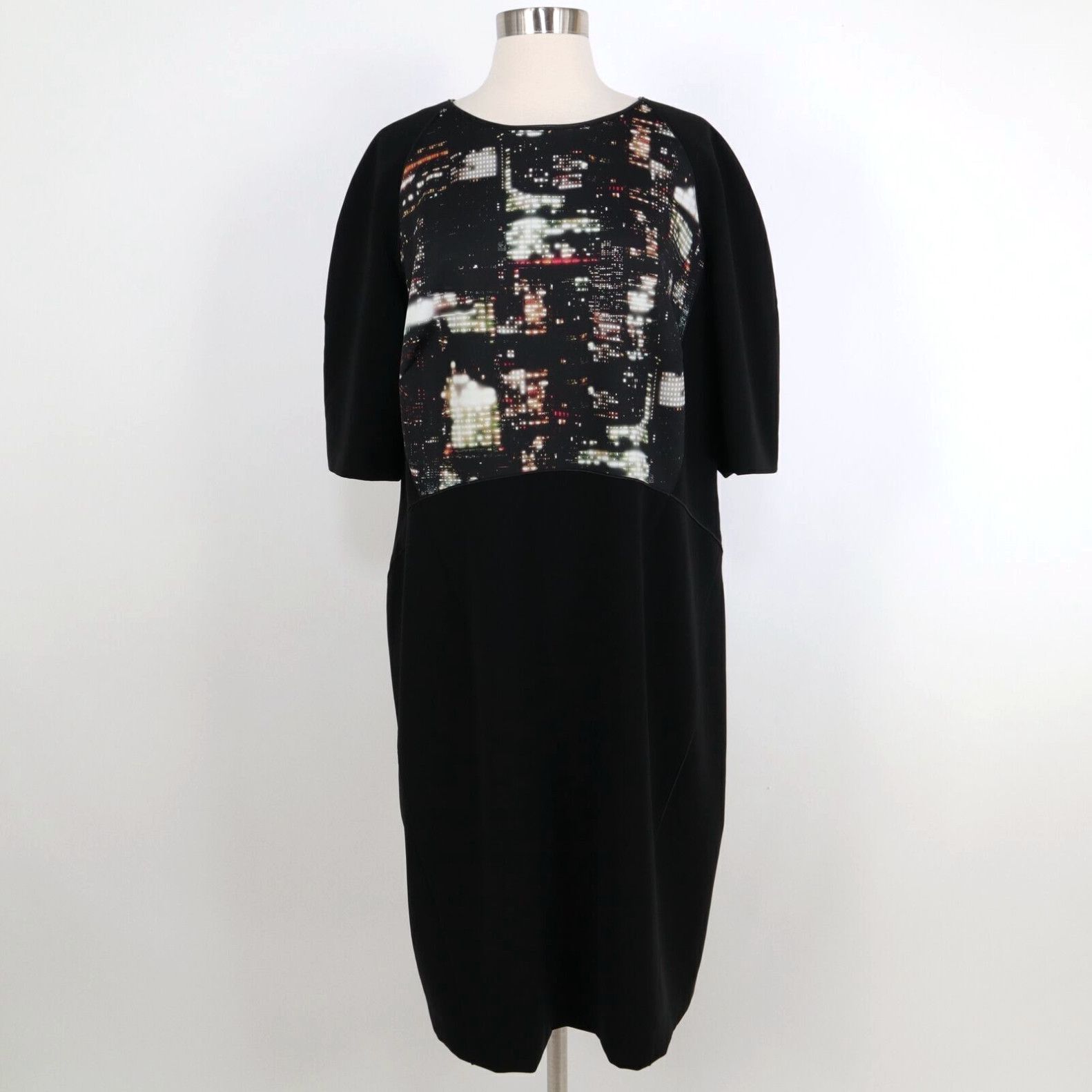 image of Vintage Lafayette 148 Shift Dress 18W Plus Half Sleeve Mosaic Panel Black Career Stretch in White, 