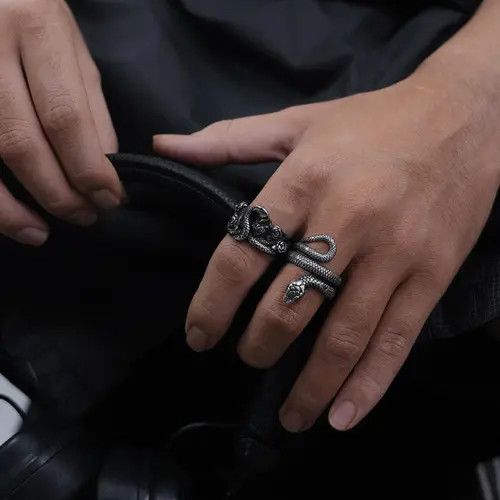 Jewelry Intricate Snake and Rose Silver Ring Size ONE SIZE - 4 Thumbnail