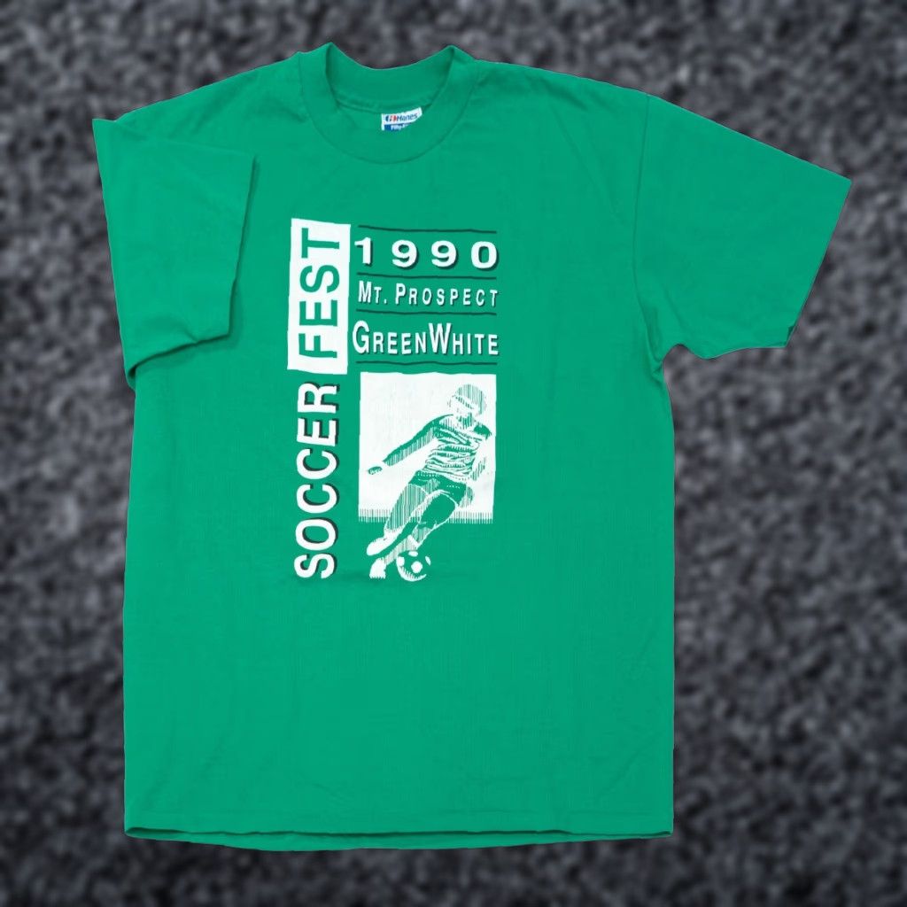 Hanes VINTAGE Hanes T-Shirt Men XL Green 90s Soccer Fest Crew Neck Short Sleeve 1990s Sports Logo MT Prospect Size US XL / EU 56 / 4 - 1 Thumbnail