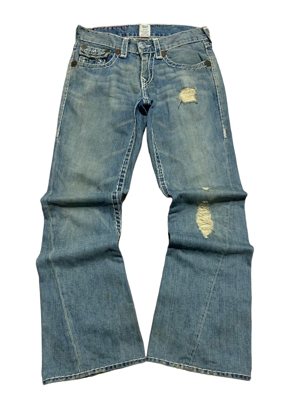 Pre-owned True Religion X Vintage True Religion Joey Super T Distressed Trashed Flare Jeans In Washed Blue