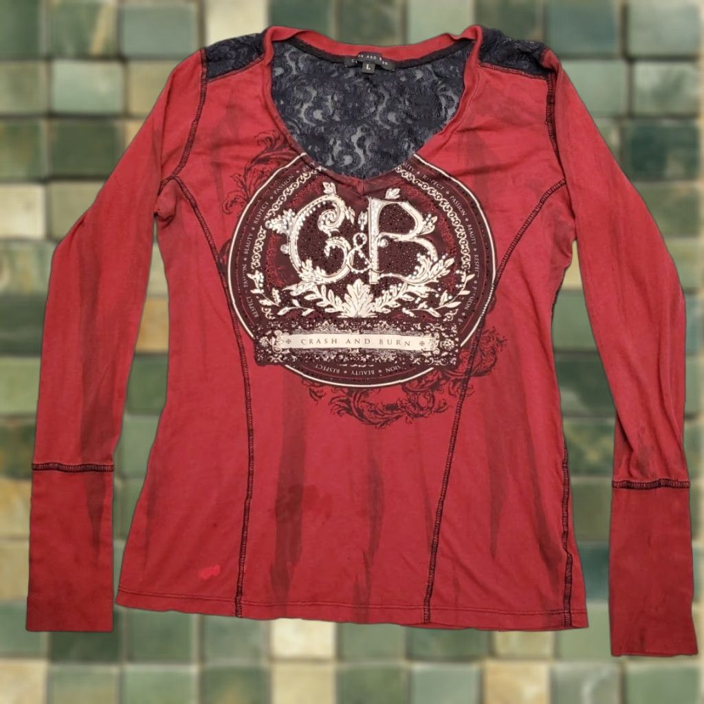 Etro VINTAGE Crash And Burn Shirt Womens L Red Lace Gothic Y2K Retro Grunge TEE Womens Size L / US 10 / IT 46 - 1 Thumbnail