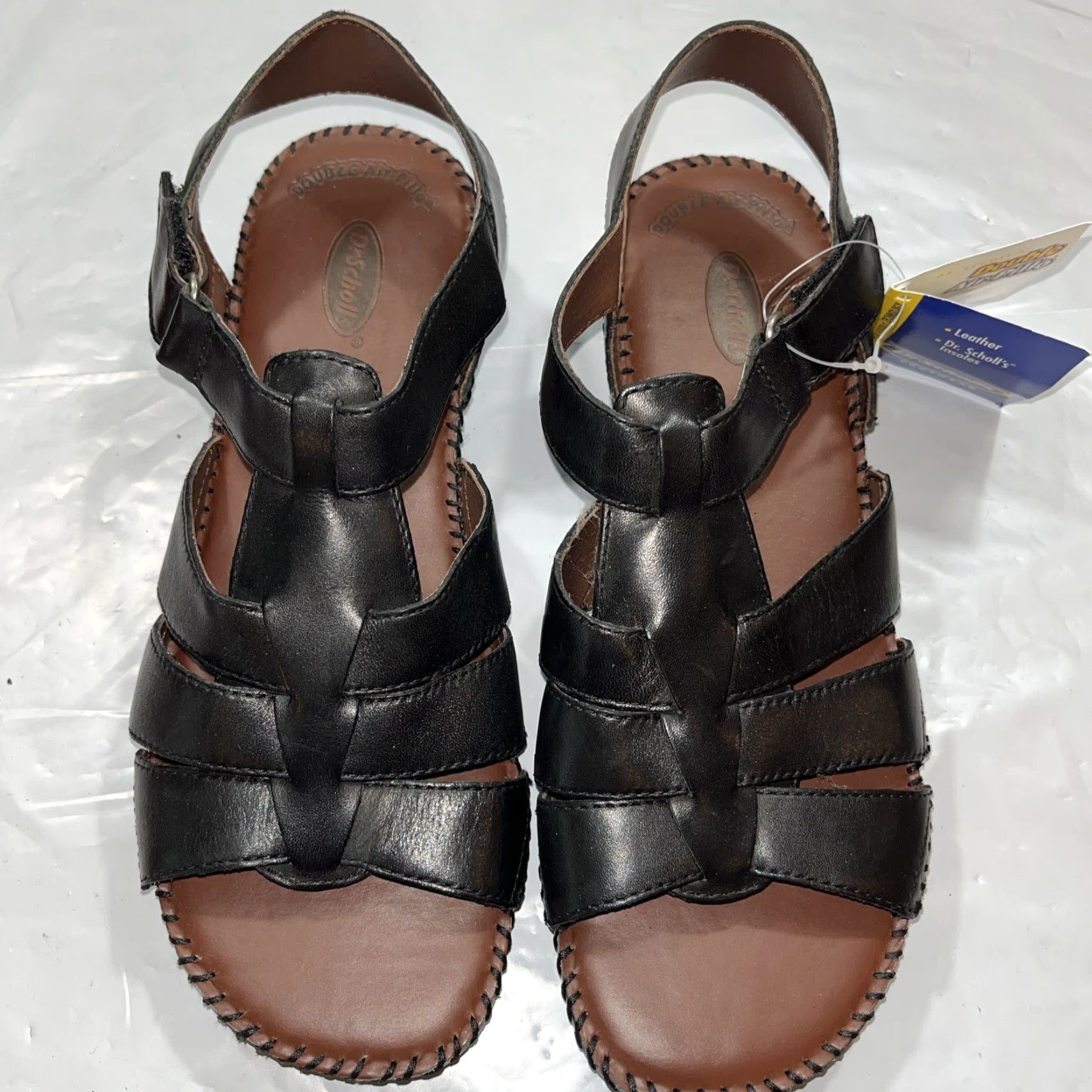 Vintage Dr. Scholl's Black Fisherman Leather Strap Open Toe Sandals W Women's 9 Wide Straps Flat Comfort Size US 9 / IT 39 - 6 Thumbnail