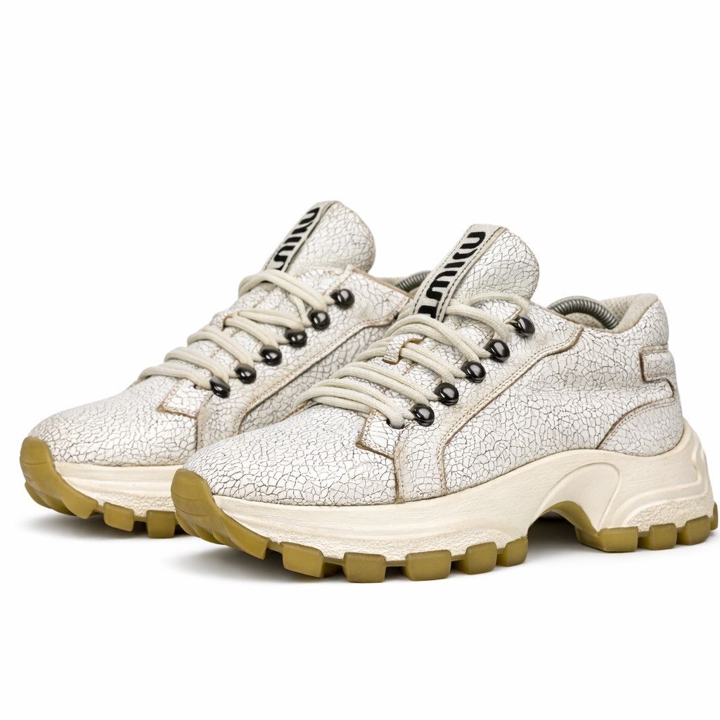 Miu Miu Miu Miu Damen Cracked Leather Chunky Sneakers White EU 37 Size US 7.5 / IT 37.5 - 1 Thumbnail