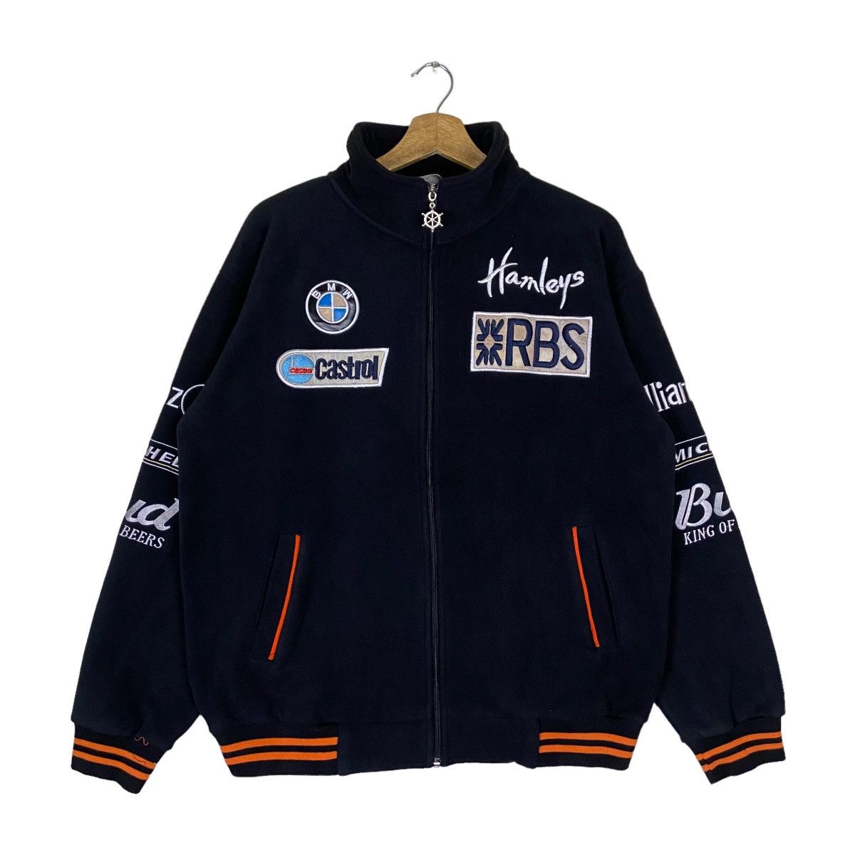 image of Vintage Bmw Patch Work Full Zipper Fleece Jacket in Black, Men's (Size XL)