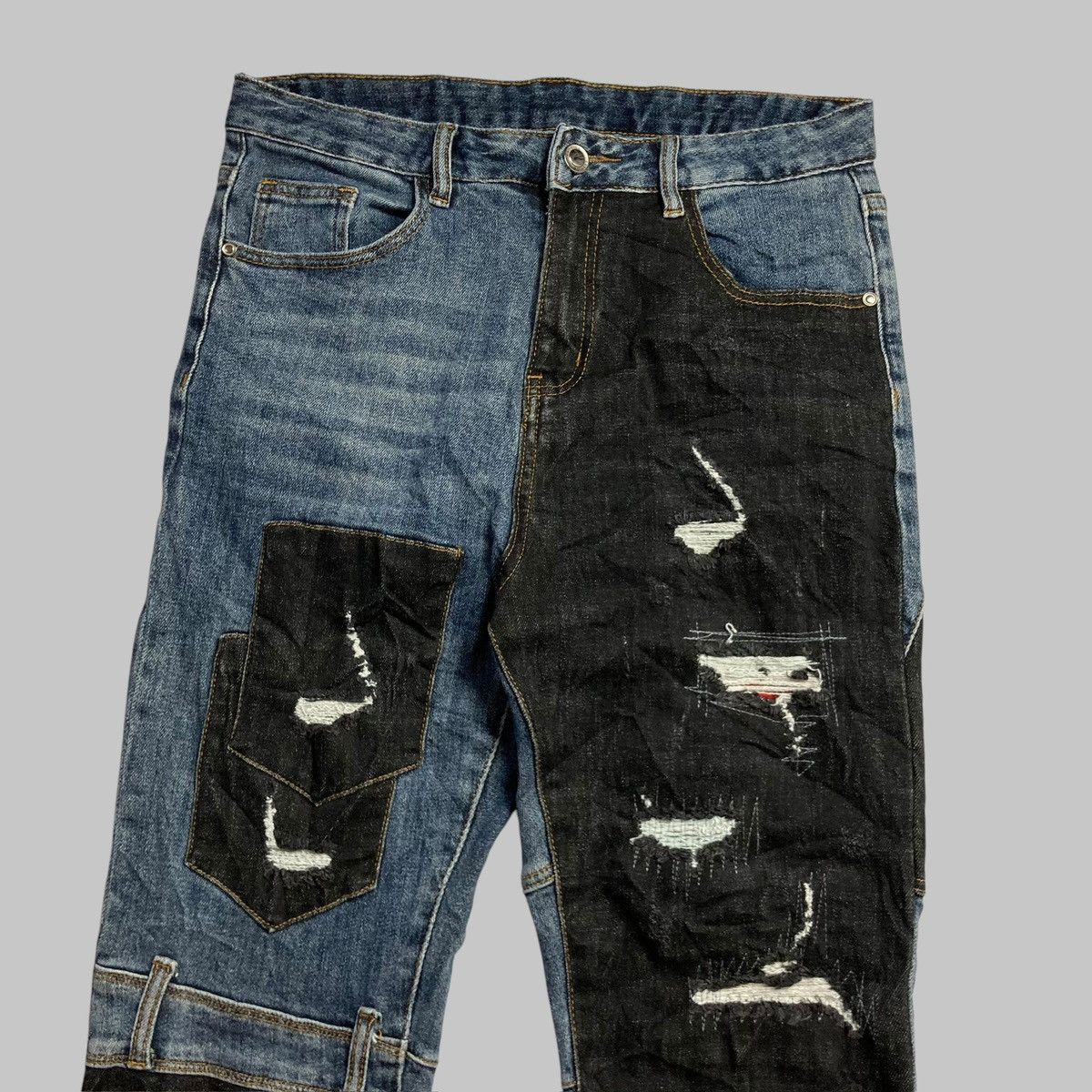 Japanese Brand × PPFM BT-PLAY Patchwork Ripped Two Tone Unique Slim Fit Jeans💥 Size US 31 - 3 Thumbnail