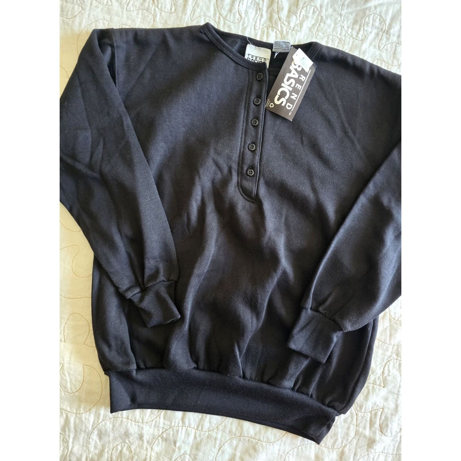 Asics Vintage Trend Basics Black Sweatshirt Womens Small NOS 80s 90s Crew Neck 1/4 Button Pullover Long Sleeve Regular Fit Easy Care Mens Womens Girls Boys Size S / US 4 / IT 40 - 2 Thumbnail