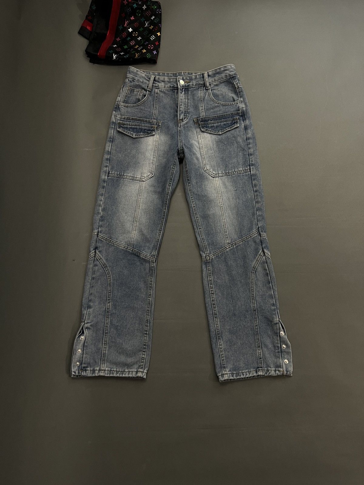 image of Archival Clothing x Grail Y2K Imported Panel Flare Cut Denim Faded Blue Cargo Jeans, Men's (Size 30