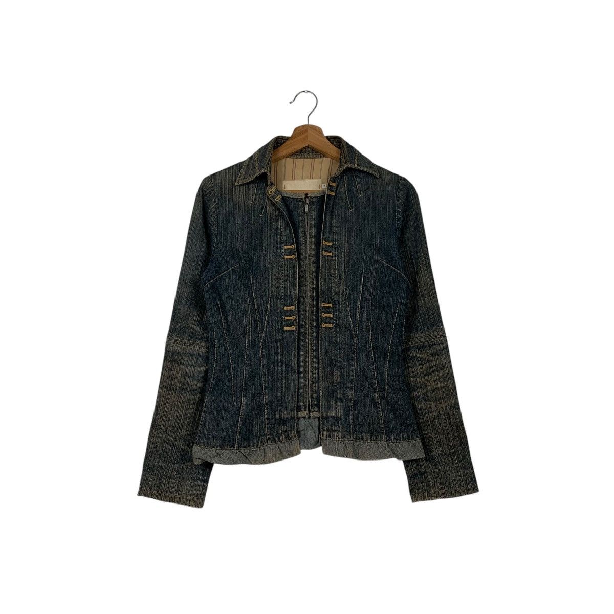 Japanese Brand Trashed Zipper Jeans Jacket Womens Denim Jacket #2061-C89 Size XS / US 0-2 / IT 36-38 - 1 Thumbnail