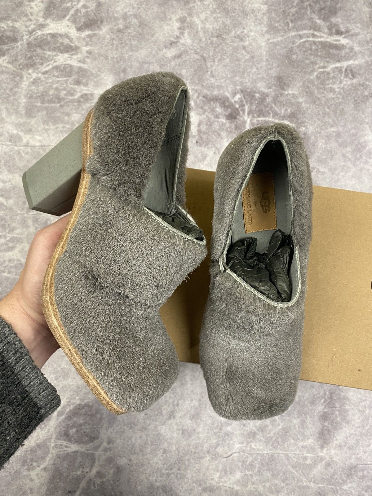 Ugg x Eckhaus Latta Grey Fur Cone Heels Mules