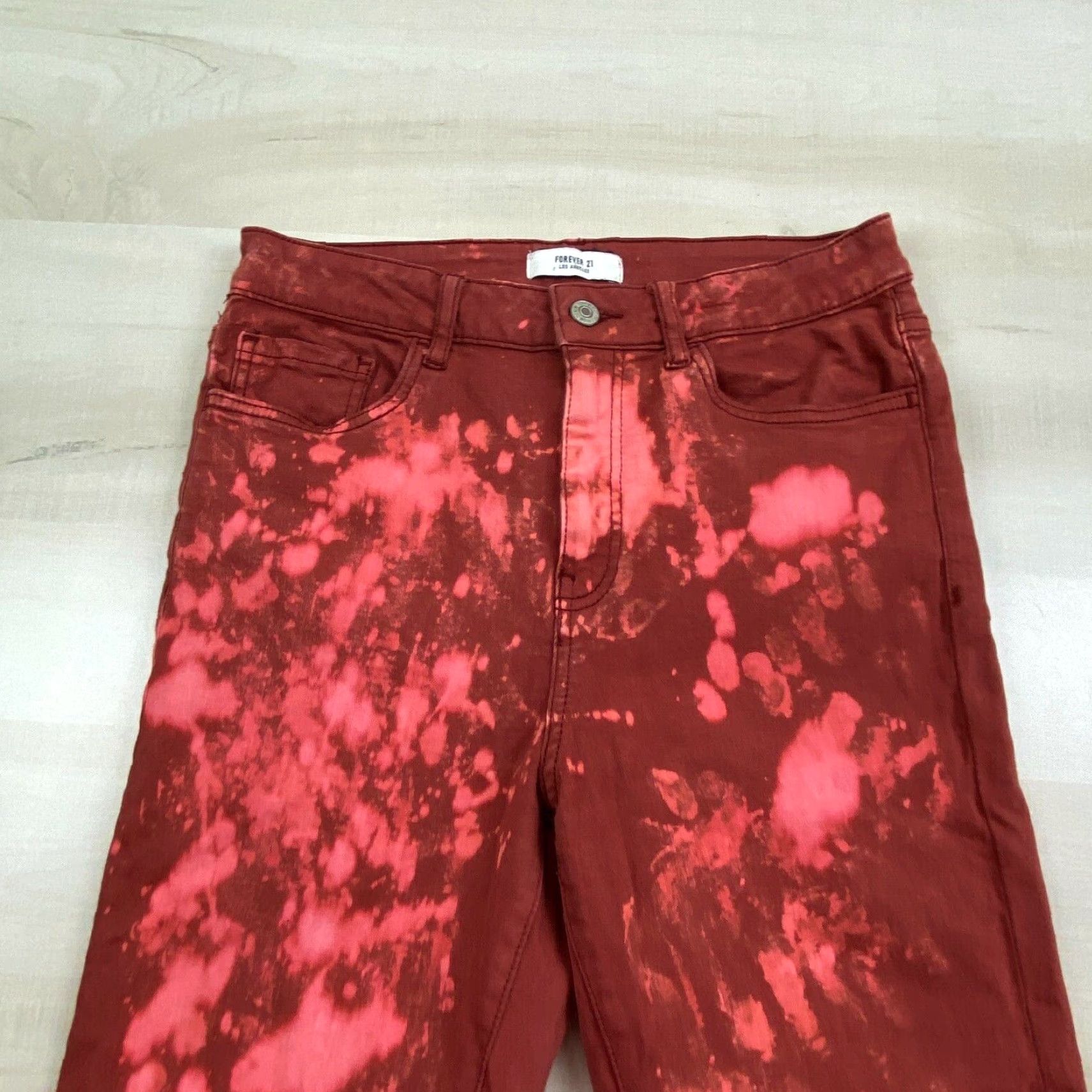 Forever 21 Forever 21 Womens High Rise Skinny Jeans 29 Red Bleach Splattered Raw Hems Cotton Blend Regular Fit Size 29" - 2 Thumbnail
