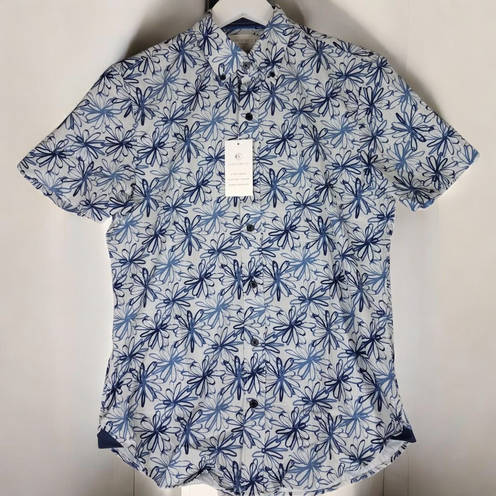Designer Con.Struct Mens Slim Fit Blue Stretch Floral Shirt Small Size US S / EU 44-46 / 1 - 11 Thumbnail