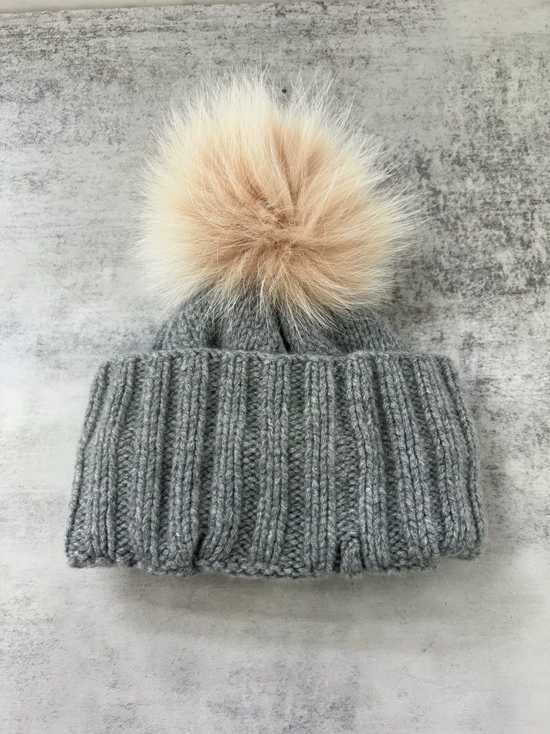 Loro Piana LORO PIANA Gray knitted hat with real fox pom-poms Size ONE SIZE - 1 Thumbnail