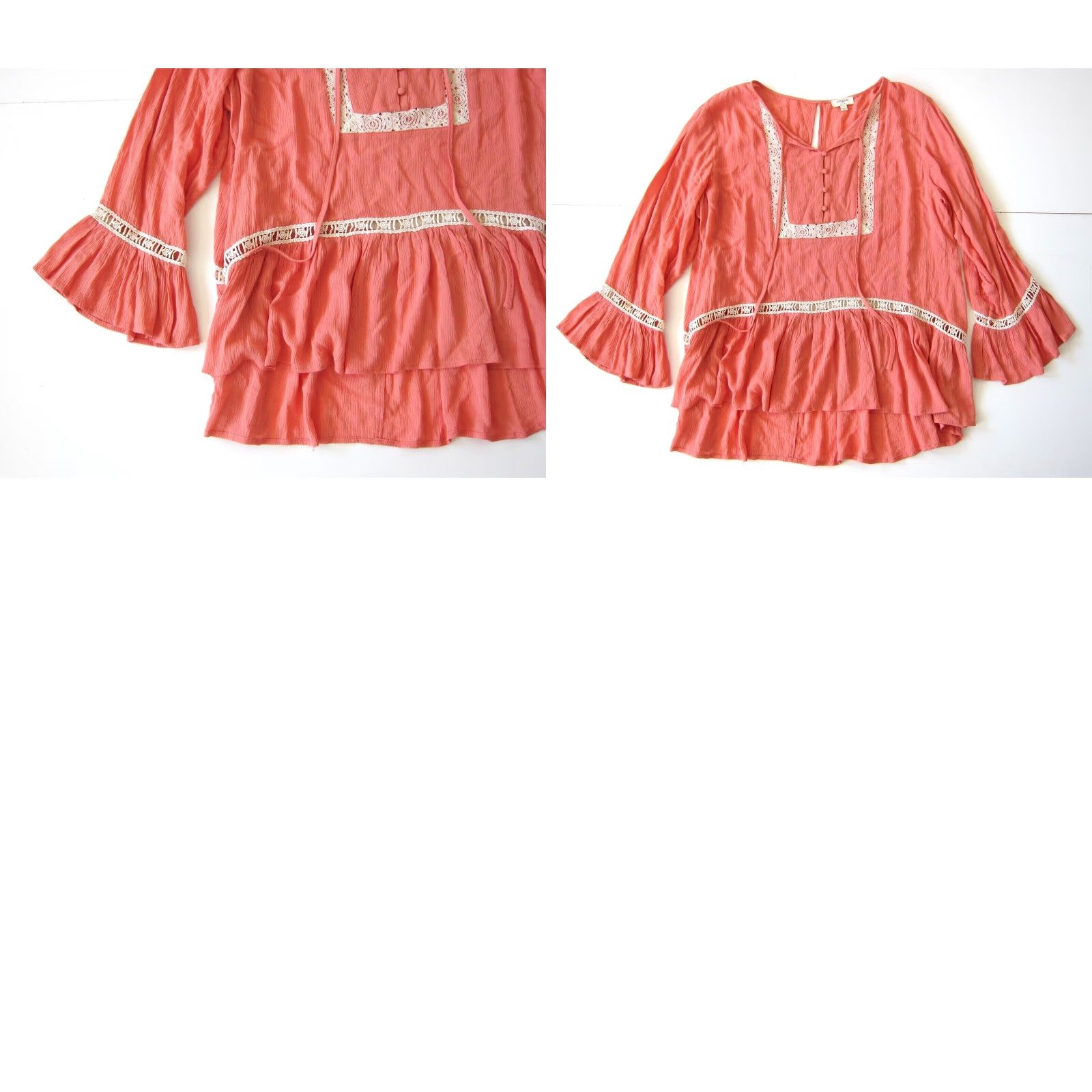 Vintage UMGEE Blouse Shirt Women Long Sleeve Tunic L Orange Ivory Lace Crochet Peasant V-Neck 100% Rayon Size L / US 10 / IT 46 - 8 Thumbnail