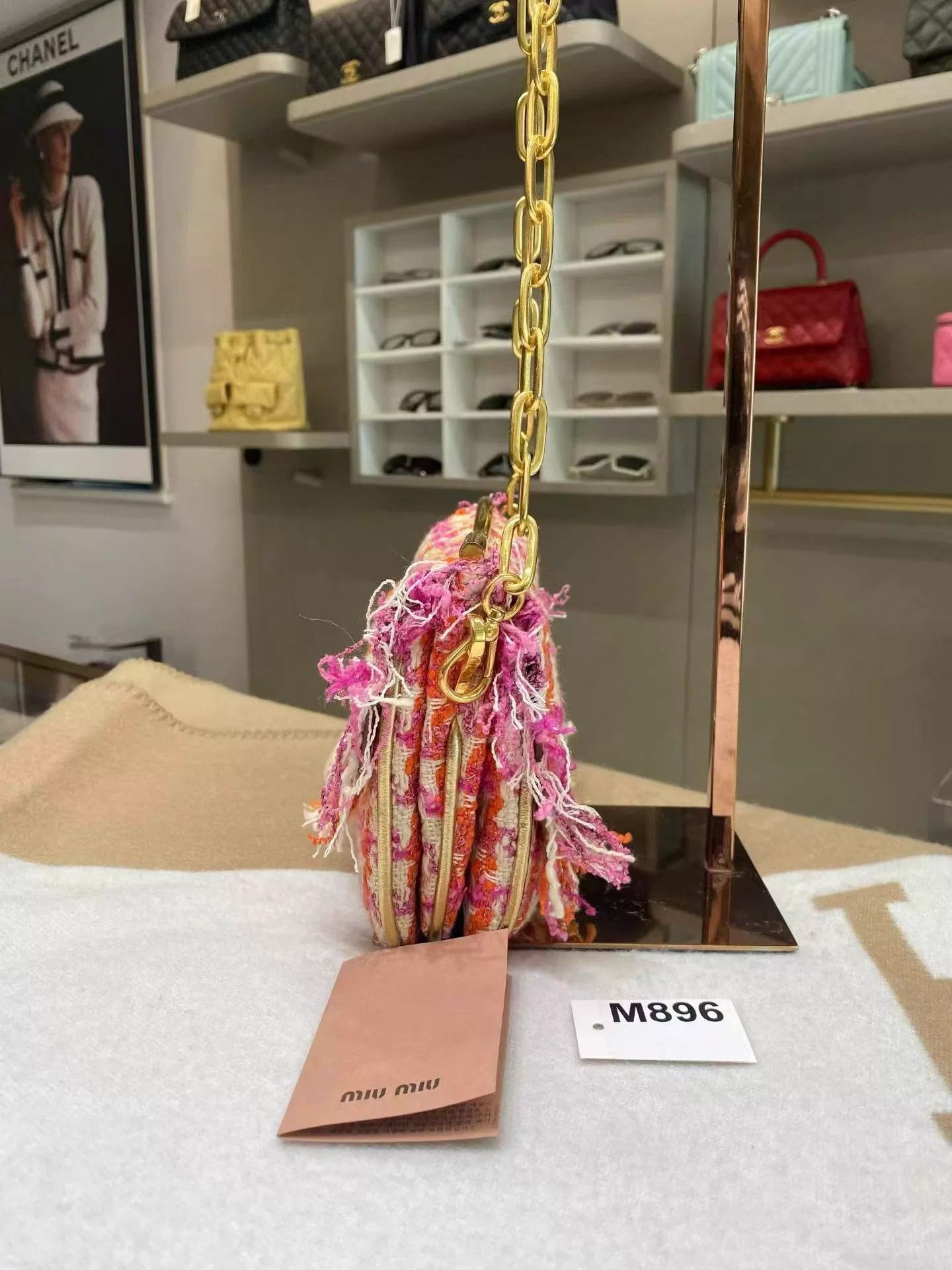 Miu Miu MIU MIU Pink Orange Houndstooth Fringed Chain Underarm Bag Size ONE SIZE - 6 Thumbnail