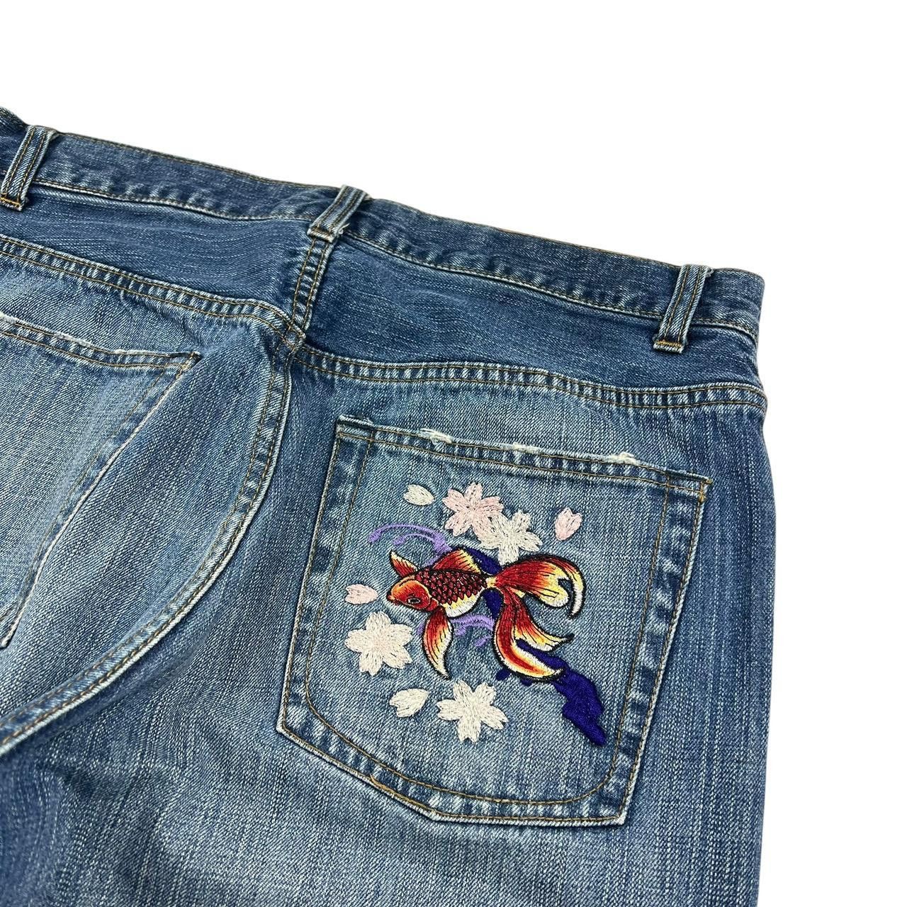 Karakuri Tamashii Vintage Karakuri Embroidered Koi Japanese Jeans - Waist 35 Size US 35 - 3 Thumbnail