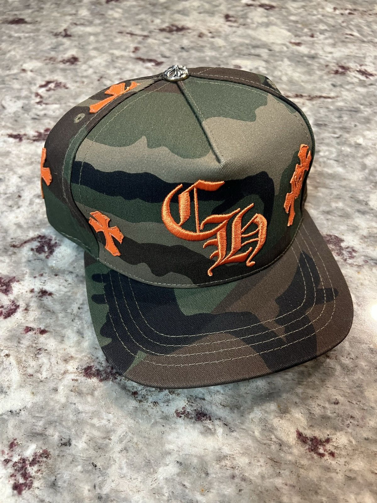 Pre-owned Chrome Hearts Camo Orange Leather Cross Patch Hat