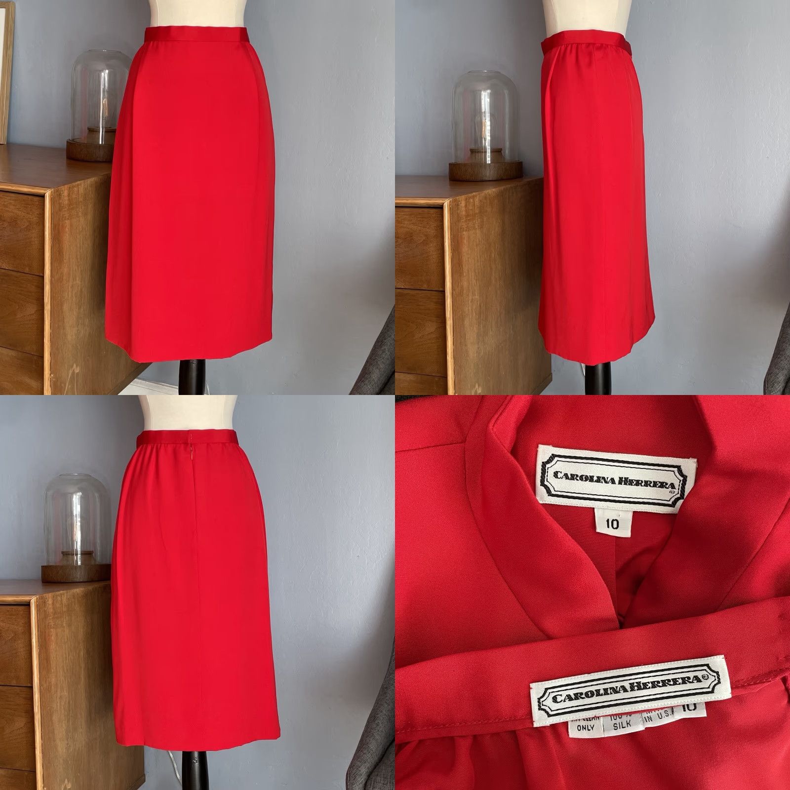 Carolina Herrera VINTAGE Carolina Herrera 90s Silk Jacket & Skirt Suit Rhinestone Buttons Sz 10 Women Red 2 Piece Set Size 32" / US 10 / IT 46 - 8 Thumbnail
