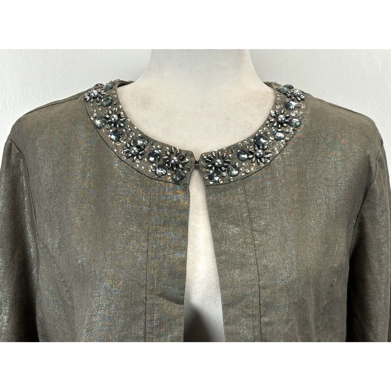 Vintage Chicos Beaded Linen Jacket Gray Medium Womens Size XS / US 0-2 / IT 36-38 - 5 Thumbnail