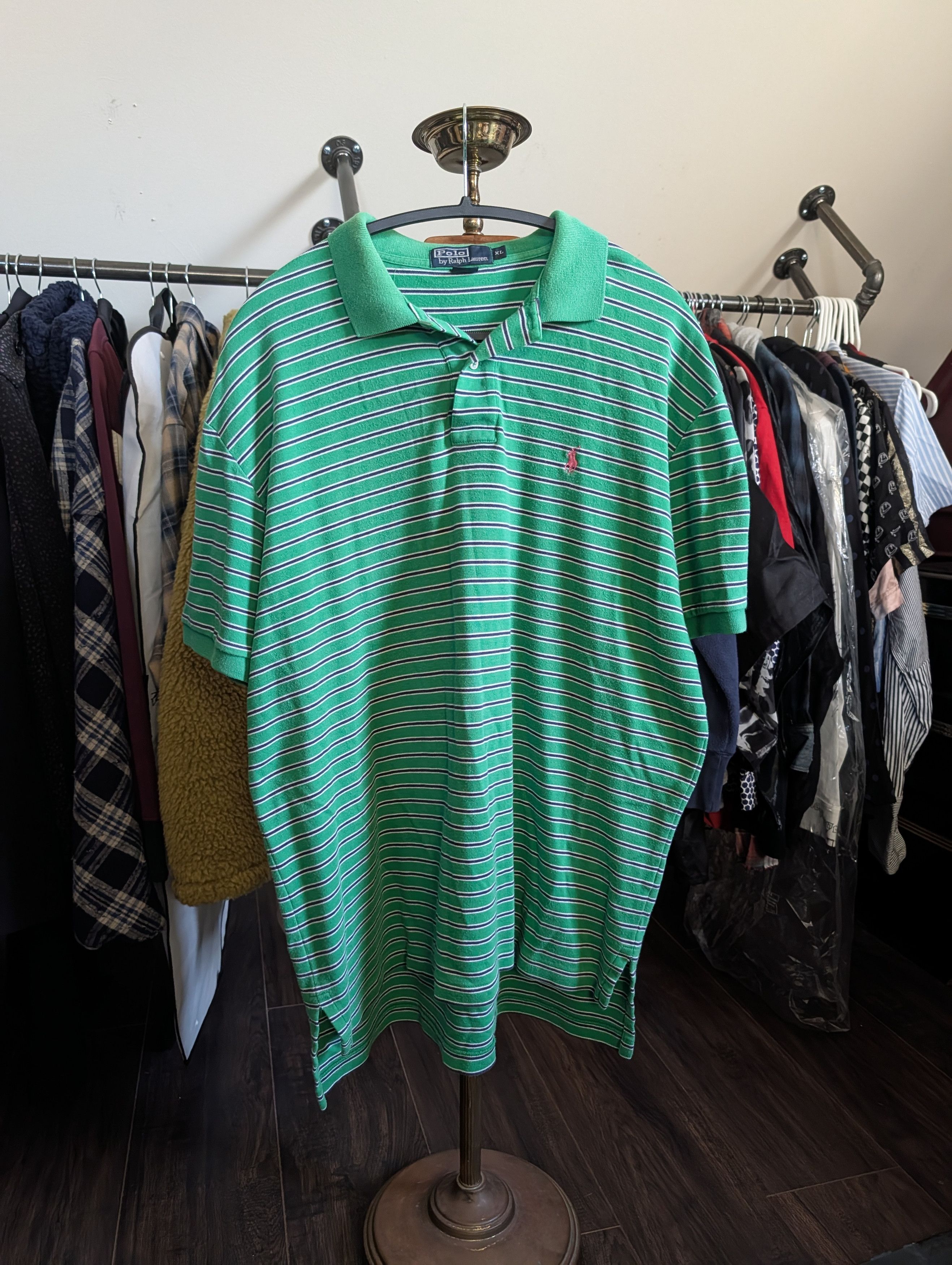 Polo Ralph Lauren Vintage green striped pink logo embroidered polo XL Size US XL / EU 56 / 4 - 1 Thumbnail