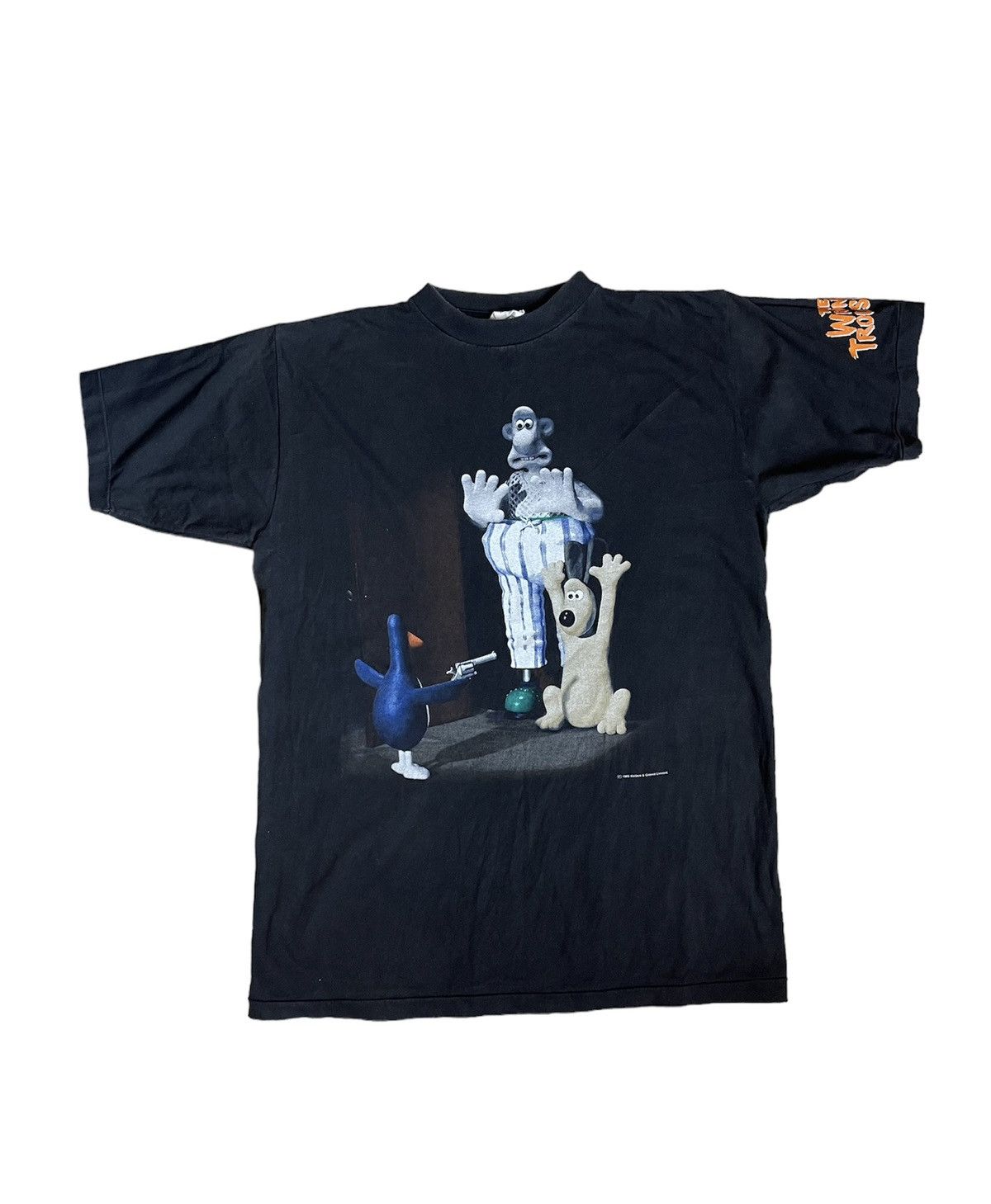 image of Movie x Vintage 1989 Wallace & Gromit Vintage T-Shirt Duck With Gun in Black, Men's (Size XL)