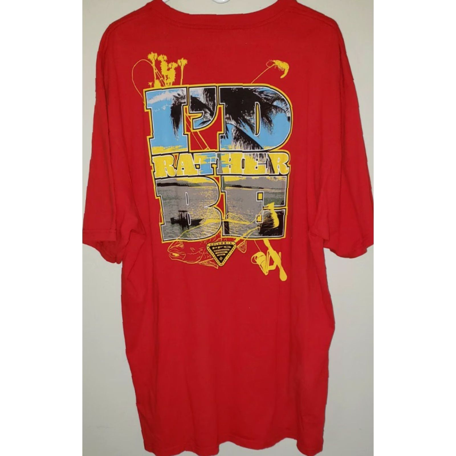 Vintage Columbia PFG Men's Red T-Shirt XLT Long Tail "I'd Rather Be Redfishing" Short Sleeve Crew Neck Cotton Knit 100% Cotton Shirt Mens Size US XL / EU 56 / 4 - 2 Thumbnail