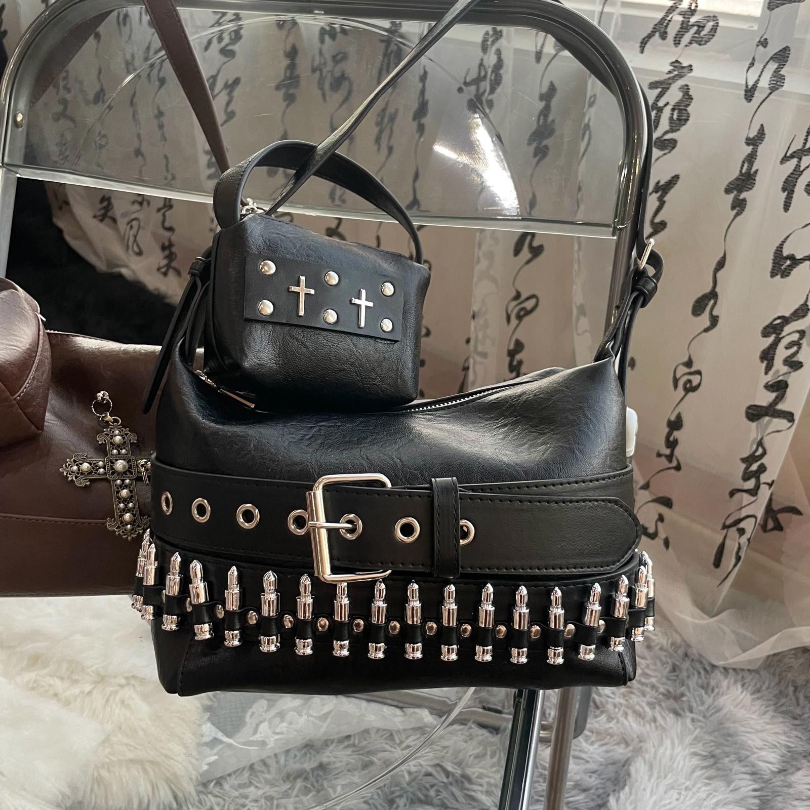 Leather Black Studded Leather Shoulder Bag with Cross Charm Size ONE SIZE - 3 Thumbnail