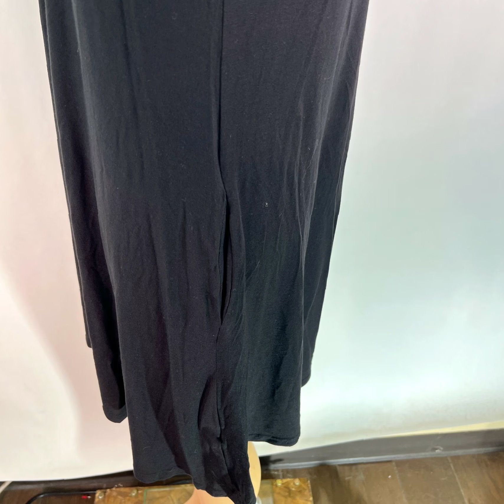 Vintage Korsis Black Midi Dress Shirt Women Short Sleeves Pullover Round Neck 34 in Knee Length 95% Rayon 5% Spandex Solid Casual Dress Size M / US 6-8 / IT 42-44 - 7 Thumbnail