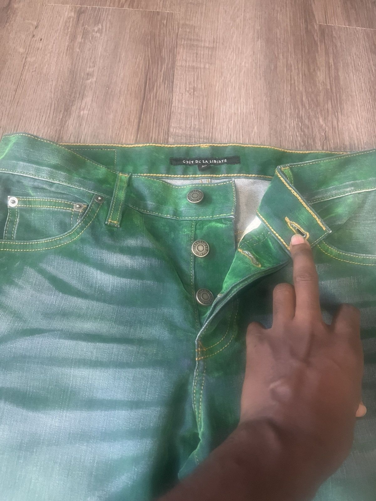 Cout de la Liberte COUT DE LA LIBERTÉ: Green Jimm y Stretch Suede Flare Jeans Size US 30 / EU 46 - 4 Thumbnail