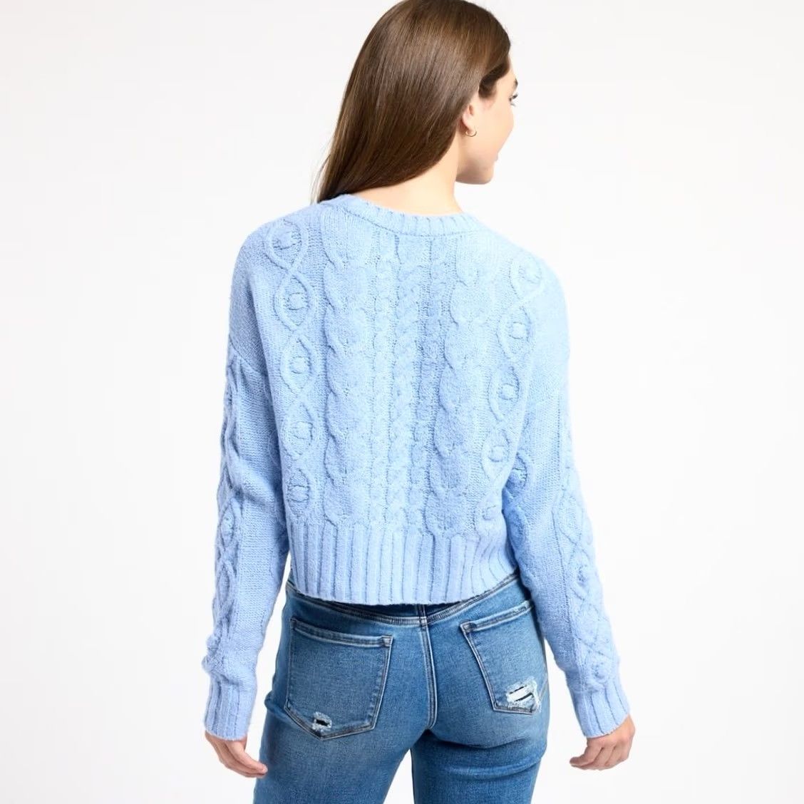 Vintage Pink Rose Women Light Blue Cable Knit Ribbon Lace-Up Crewneck Cropped Sweater S Size S / US 4 / IT 40 - 3 Thumbnail
