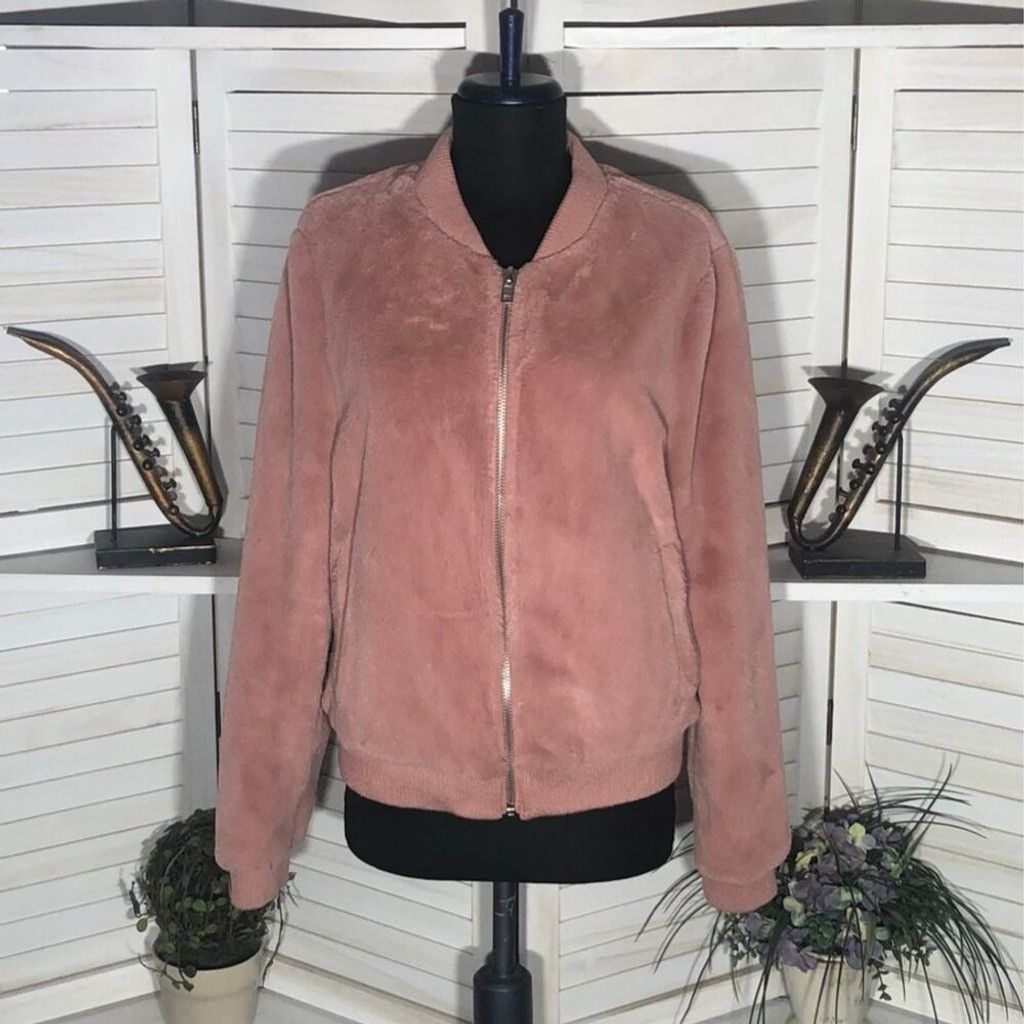 Forever 21 Bomber Jacket Faux Fur Zip Front Ribbed Side Pockets Pink L Size L / US 10 / IT 46 - 10 Thumbnail
