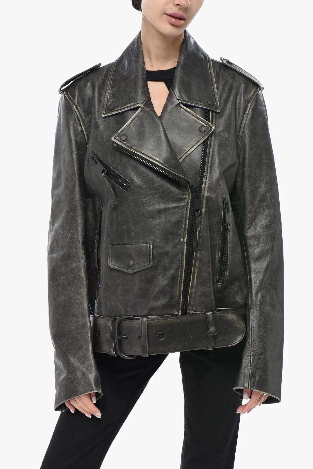 Off-White og1mm0426 Vintage-Effect Leather Biker Jacket in Grey Size M / US 6-8 / IT 42-44 - 1 Thumbnail