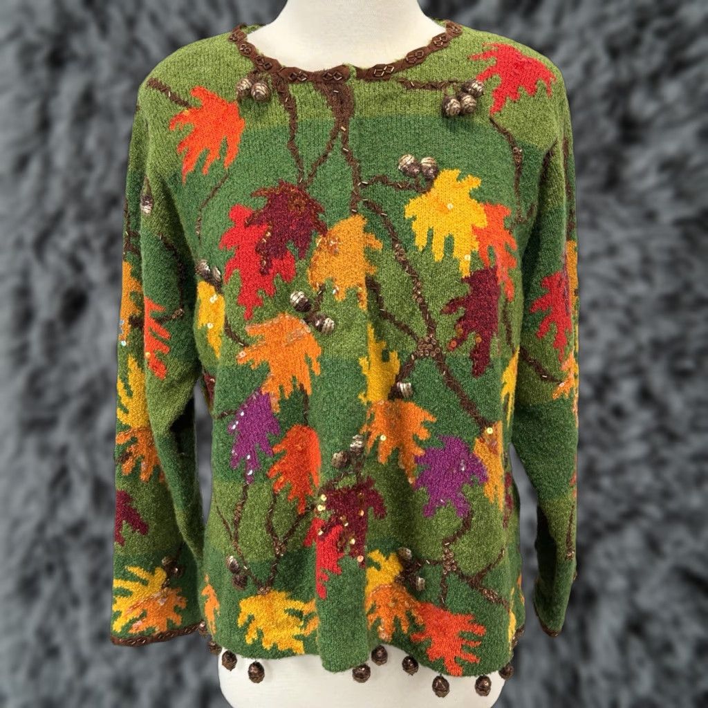 X-LARGE VINTAGE Design Options Sweater Cardigan Women XL Green Leaves Ramie Blend 3D Acorns Sequin Fall 90s Style Mens? Womens? (Note: Gender at end) Size XL / US 12-14 / IT 48-50 - 1 Thumbnail