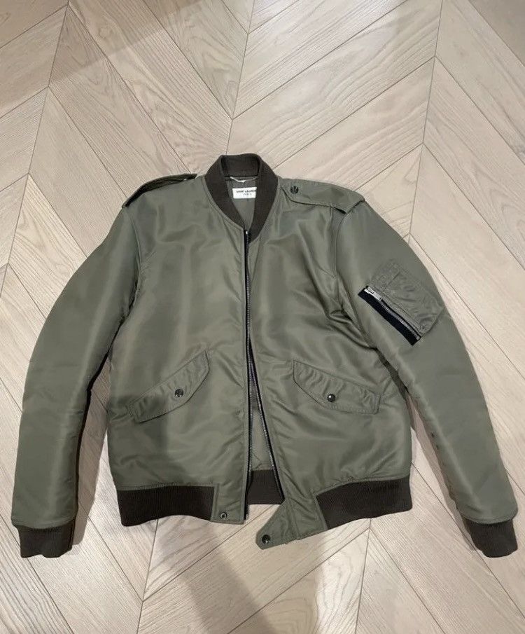 image of Saint Laurent Paris En Nylon Officer Detail Bomber Jacket in Green, Men's (Size Medium)