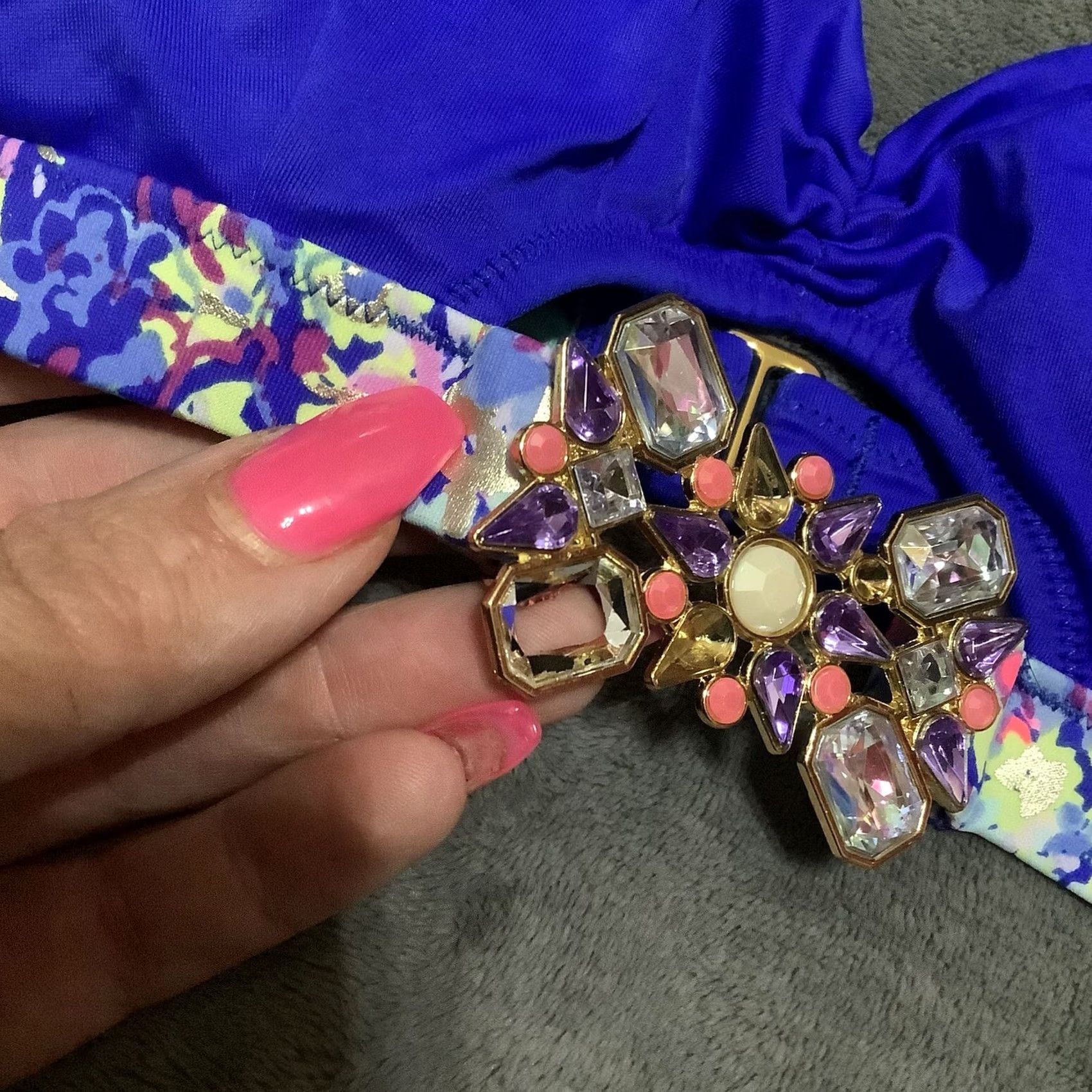 Victoria's Secret Victoria's Secret Bikini Top L Multicolor Halter Beaded Glitter Rhinestone Sequin Stone Floral Boho Aloha Beach Size ONE SIZE - 3 Thumbnail