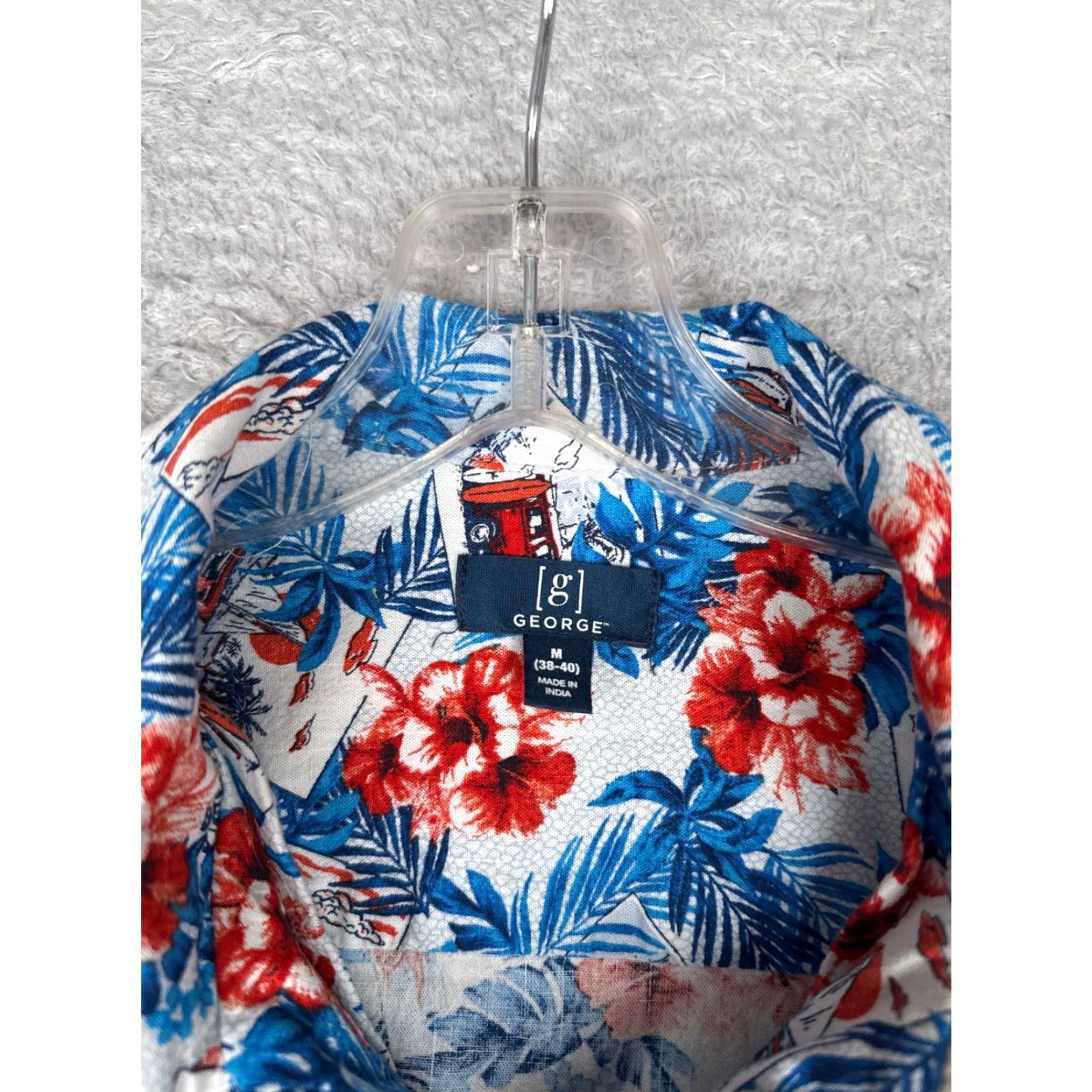 George George Button-Up Shirt Adult Medium White Floral Hawaiian Rayon Casual Mens Size US M / EU 48-50 / 2 - 7 Thumbnail