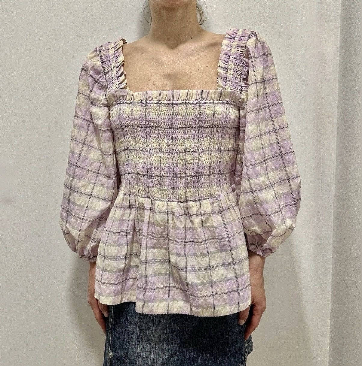 Ganni Ganni Ba.A Plaid Check Cotton Balloon Sleeve Purple Blouse Size XS / US 0-2 / IT 36-38 - 1 Thumbnail