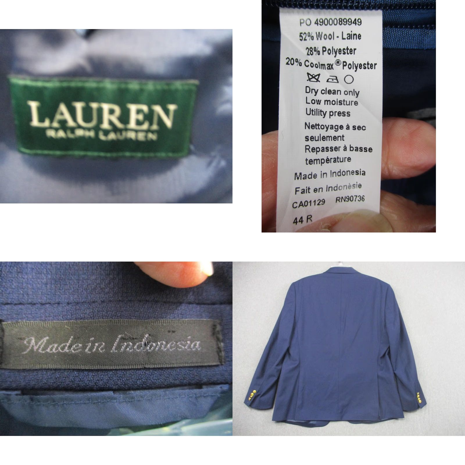 Ralph Lauren VINTAGE Lauren Ralph Lauren Blazer Mens 44R Navy Blue Wool Blend Gold Button Sport Coat Size 44R - 8 Thumbnail