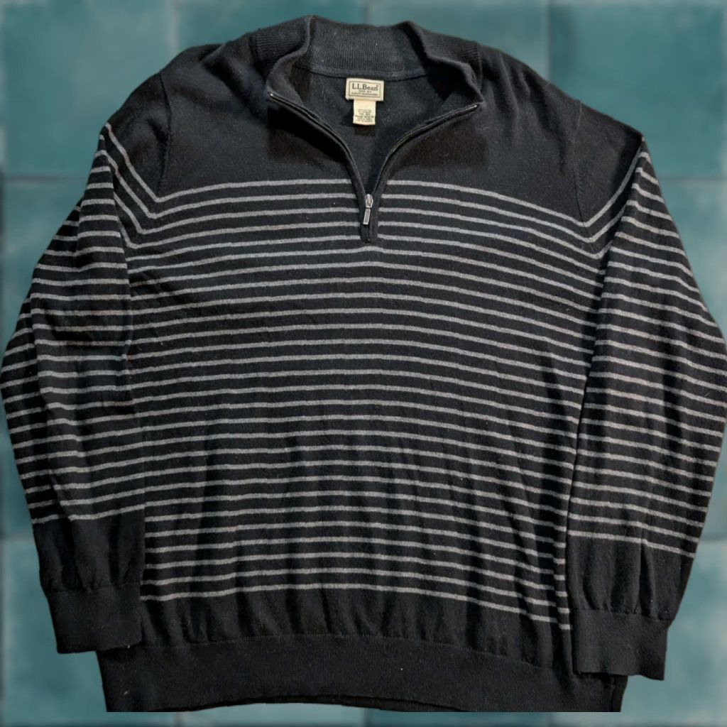 Vintage L.L. Bean Sweater Men 2XL Black Striped 1/4 Zip Cashmere Cotton Knit Mock Neck Mens Regular Big & Tall Fold Size US XXL / EU 58 / 5 - 1 Thumbnail
