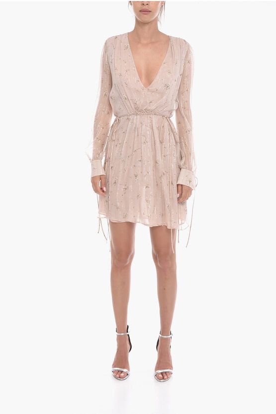 image of Amiri Floral Patterned Silk Chiffon Dress With Drawstring in Pink, Women's (Size Medium)