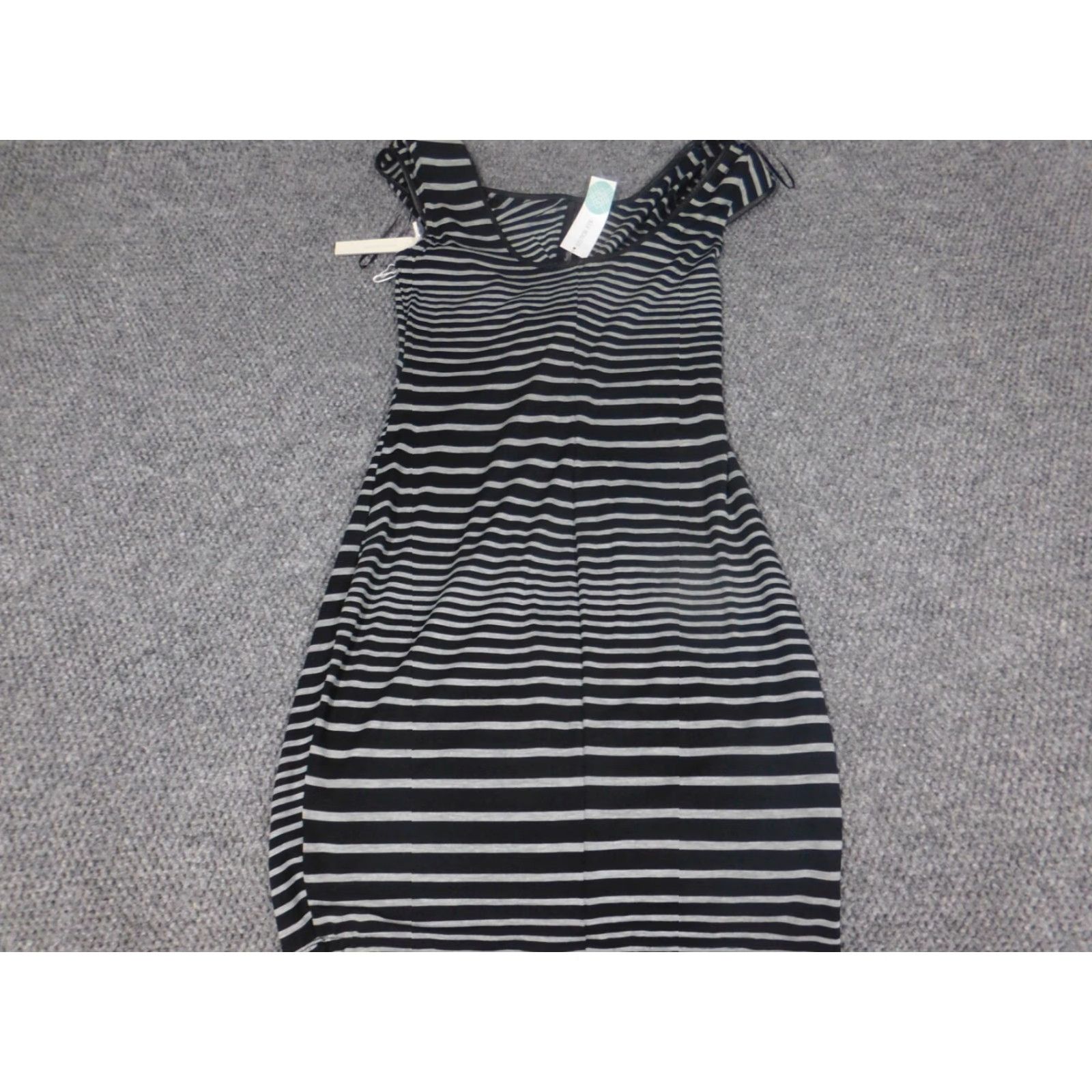 Vintage Tart Dress Midi Black Womens A-Line Striped Knit Puff Sleeve Mock Neck Crochet Stretch Medium M Plus Size Size M / US 6-8 / IT 42-44 - 7 Thumbnail