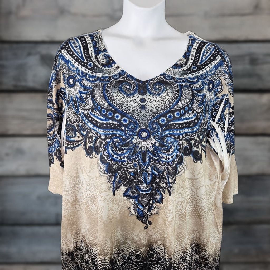 Vintage Catherines Womens Blouse 2X Blue Beige 3/4 Sleeve Pullover Embellished Size XXL / US 16-18 / IT 52-54 - 1 Thumbnail