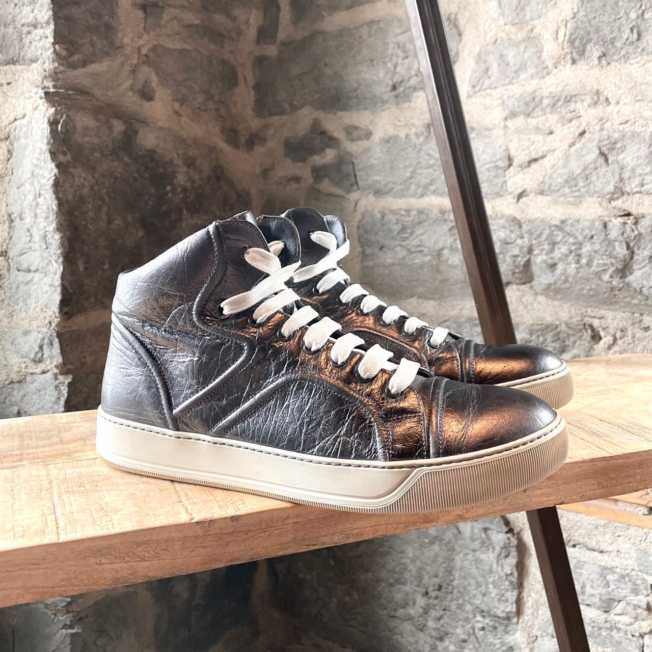 Lanvin Lanvin Gunmetal Metallic Leather High-top Sneakers Size US 8 / EU 41 - 1 Thumbnail