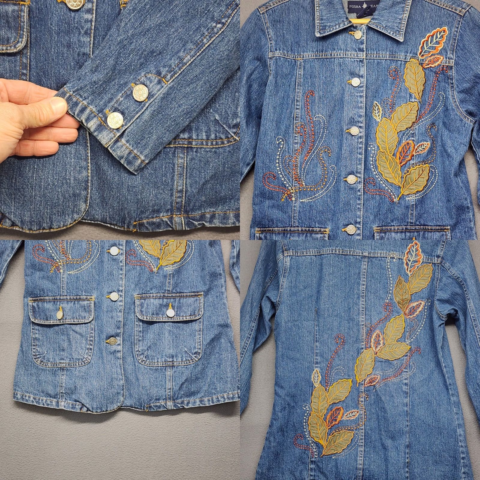 Denime Womens Denim Shirt Jacket Medium Blue Leaves Applique Embroidered Boho Artsy Shirt Woman M Blue Floral Long Sleeve Button-Up Mens? Size M / US 6-8 / IT 42-44 - 8 Thumbnail