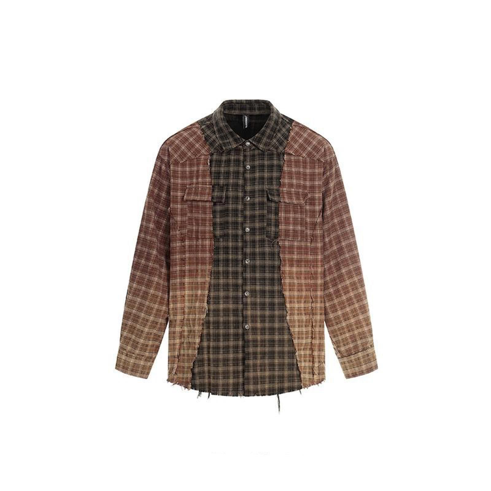 Brown Ombre Plaid Button-Up Flannel Frayed Shirt